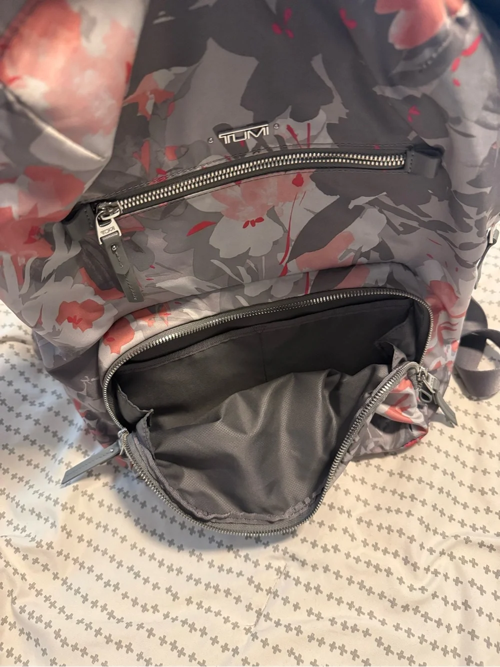 Tumi Gray Backpack with pink Floral Print